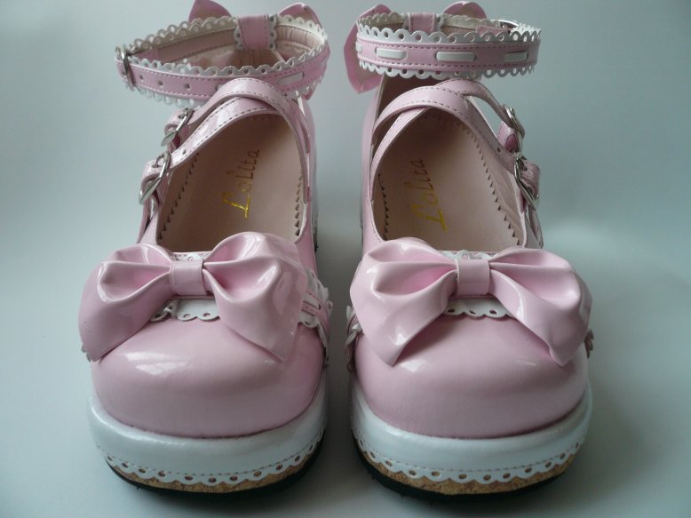 Pink Bowknots Cross straps PU Lolita Shoes