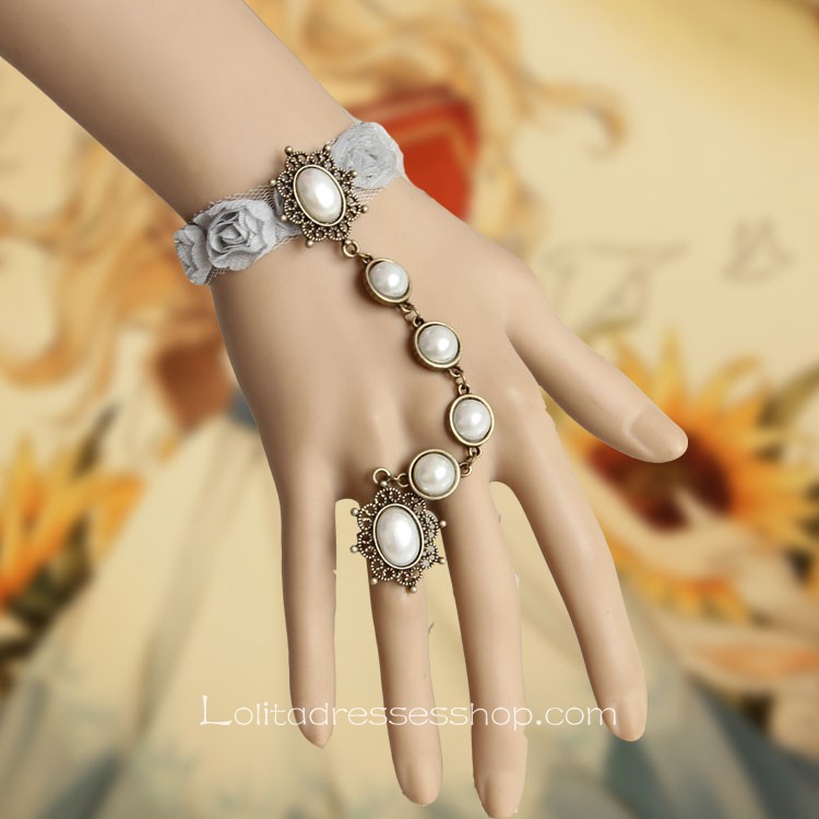 Light Grey With Flowers and Pearls Lace Lolita Bracelet