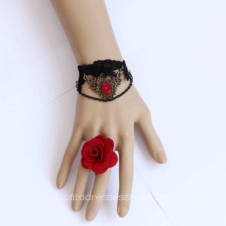 Black Lace Red Flower Lolita Bracelet