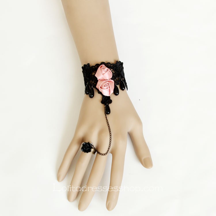 Black Lace Pink Flowers Lolita Bracelet