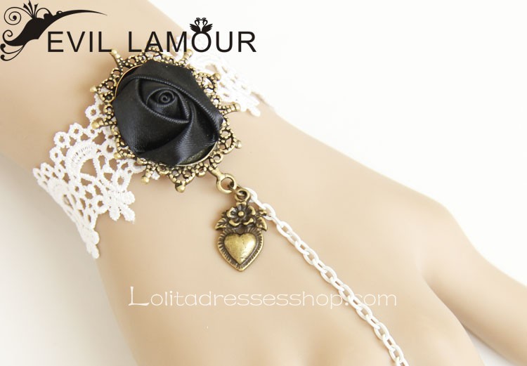 White Lace Black Flowers Lolita Bracelet