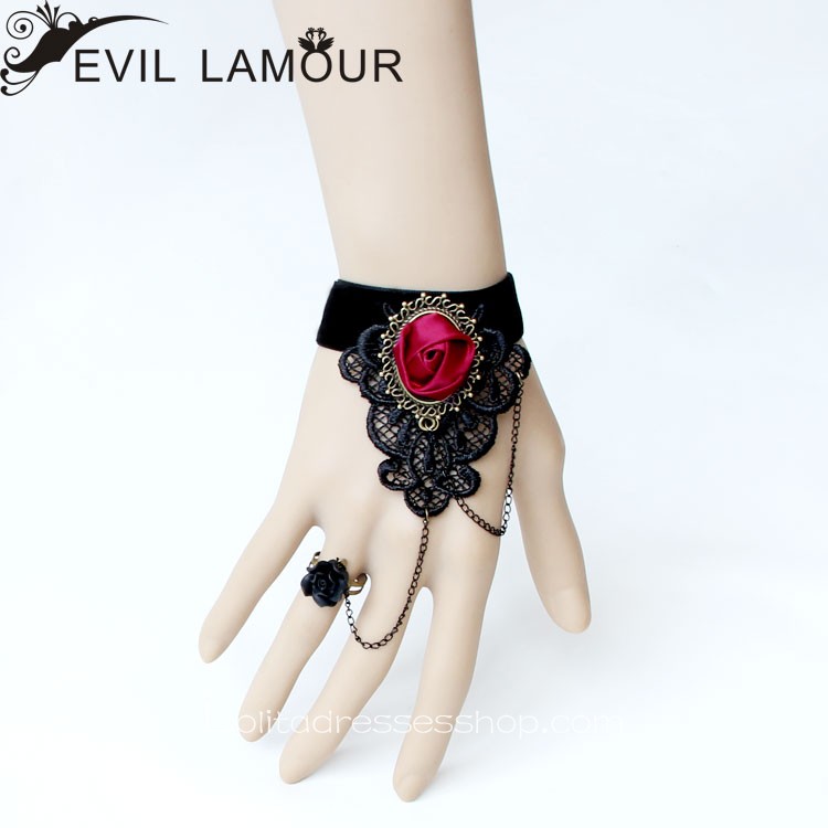 Black Lace Wine Red Flower Gothic Lolita Bracelet