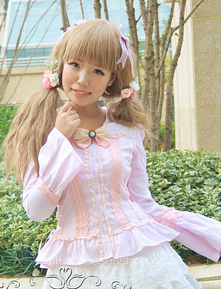 Pink Turtleneck Long Sleeve Bowknot and Lace Trim Sweet Lolita B