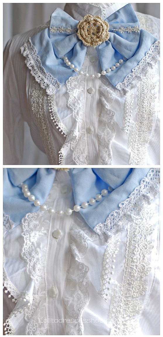 White Stand Collar Long Sleeve Ruffle and Lace Trim Princess Lol