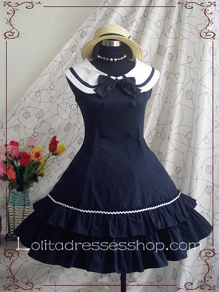 Navy College Wind Slim Bow Fold Princess Dress