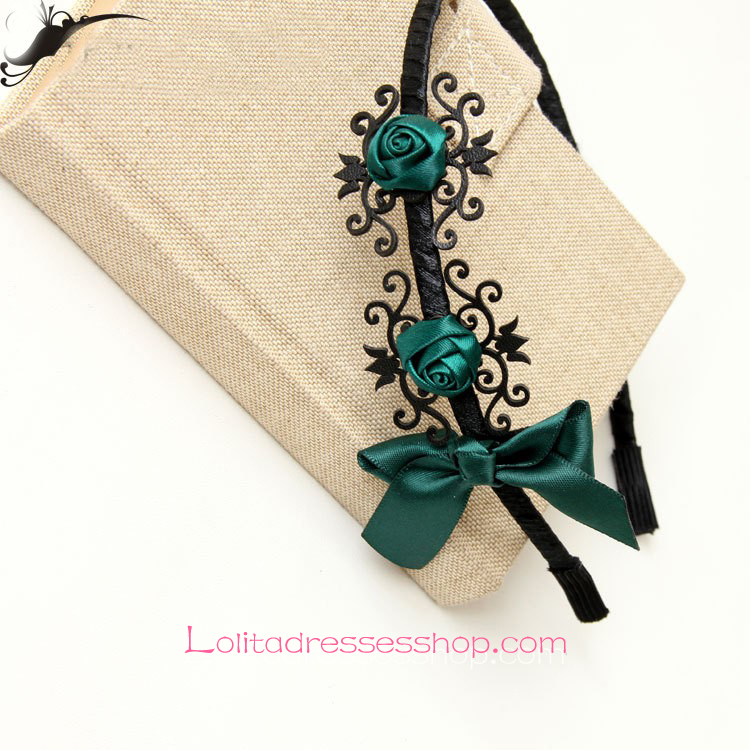 Lolita Headdress Roses Dark Green Retro Bow Headband