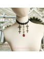 Lolita Black Drop Lace Bridal Fashion Red Gem Cross Necklace