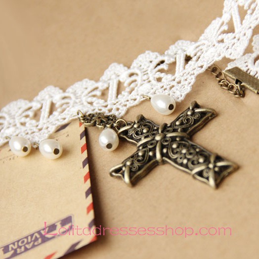 Lolita White Bridal Cross Pearl Lace Necklace