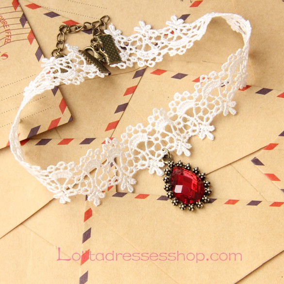 Lolita White Drop Lace Bridal Fashion Red Gem Necklace