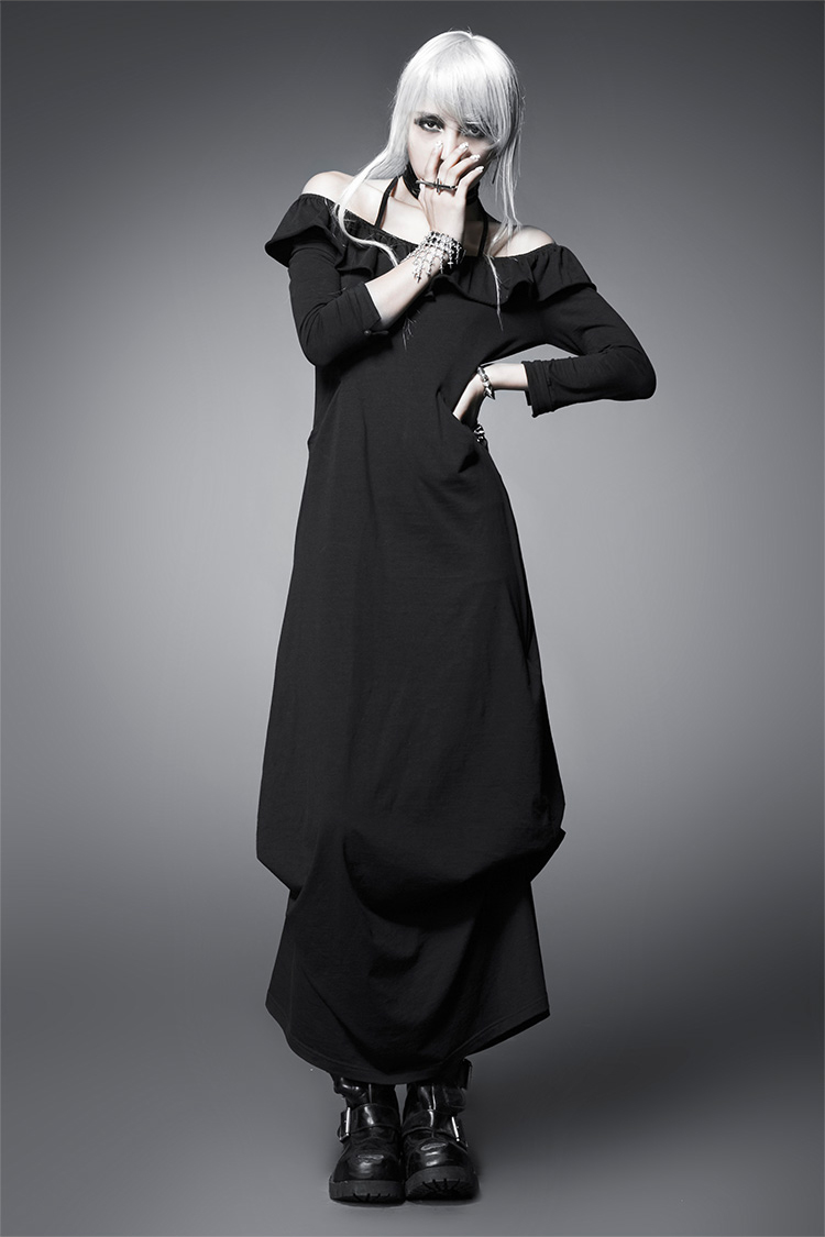 Black Cotton Round Neck Seventh Sleeves Natural Punk Lolita Dress