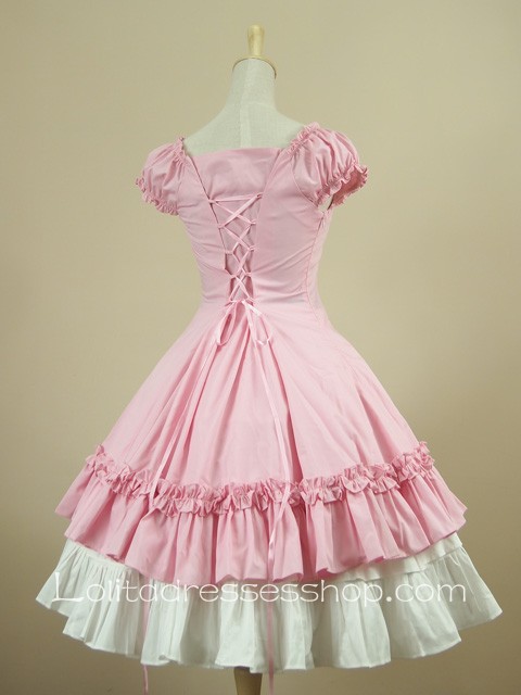 Pink Sweetheart Puff Sleeves Knee-length Ruffles Classic Lolita Dress