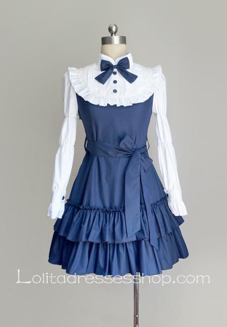 Dark Blue Cotton Stand Collar Long Sleeves Ruffles Bow Classic Lolita Dress