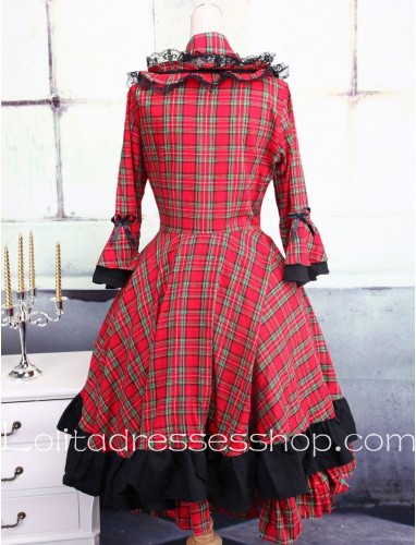 Round Neck Black and Red Lattice Long Sleeve Classic Lolita Dress