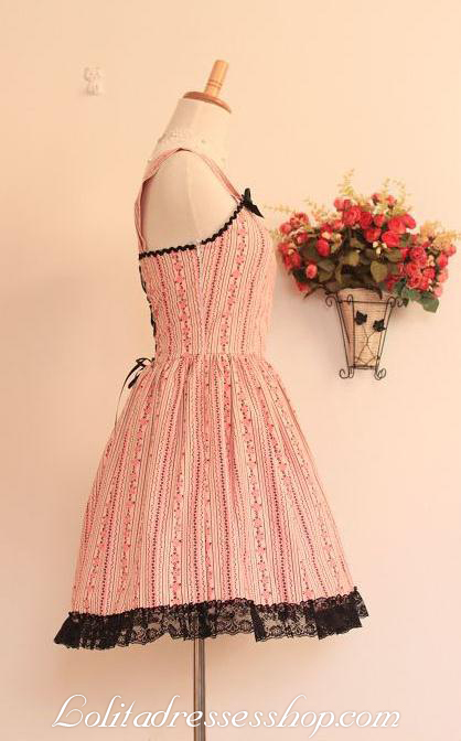 Pink Cotton Black Lace Trim Straps Sleeveless Fashion Lolita Dress
