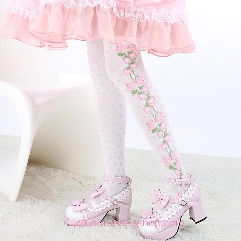 Lovely White Fashion Pink Strawberry and Dot Lolita Knee Stockings