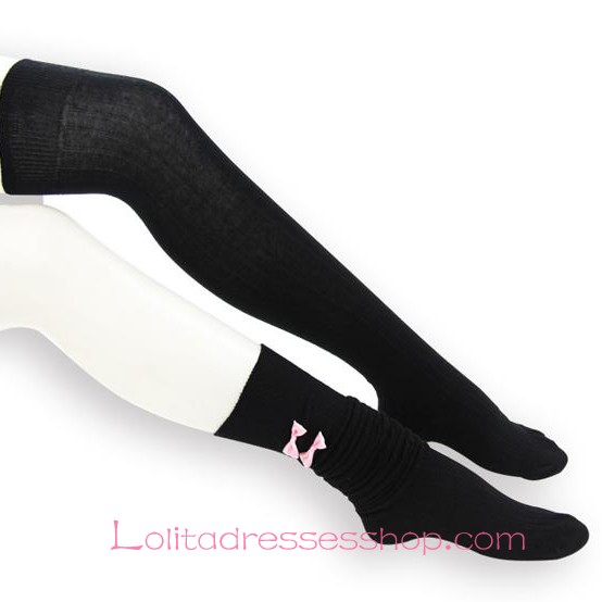 Lovely Black Cotton Slim Bows Lolita Knee Stockings