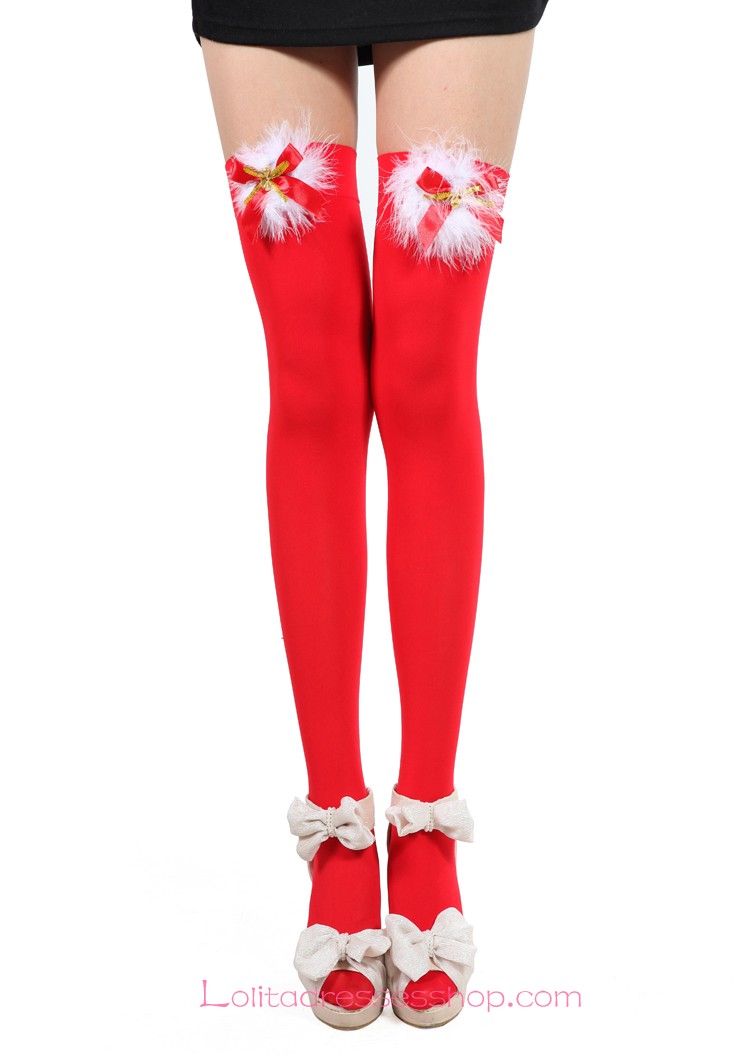 Bow Tinker Bell White Feather Chritmas Red Lolita Knee Stocking