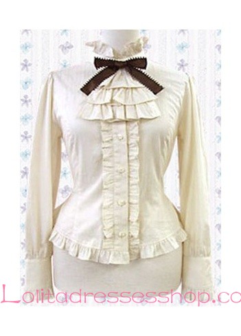White Stand Collar Long Sleeves Ruffled Cotton Lolita Blouse