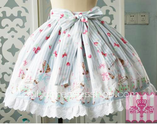 Skyblue Puff Flounce Hem Bow Ship Garden Pattern Lolita Skirt