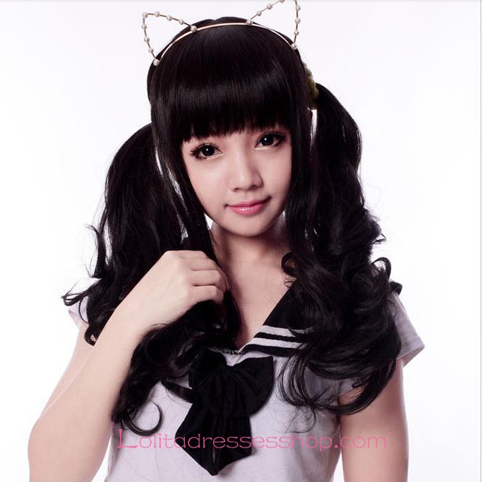 Lolita Black Long Curl Maid Cute Cosplay Wig