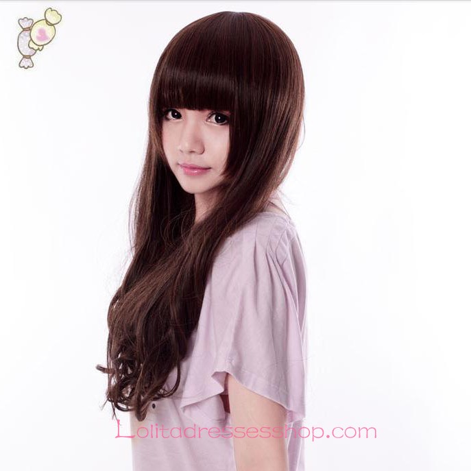 Lolita Neat Bang Long Curly Brown Maid Cute Cosplay Wig