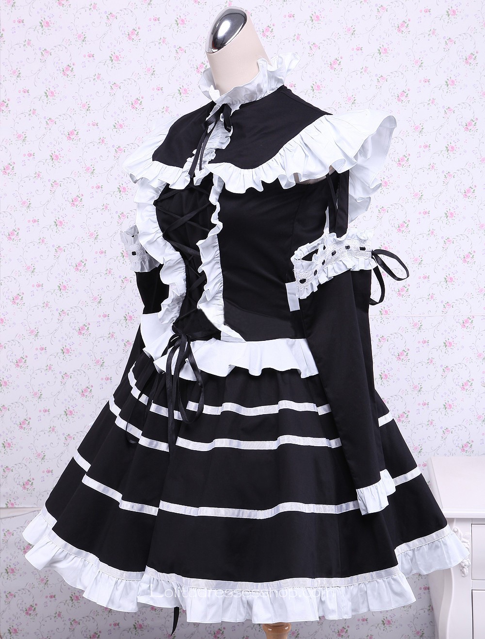 Black Cotton Stand Collar Long Sleeves Ruffles Bow Gothic Lolita Dress
