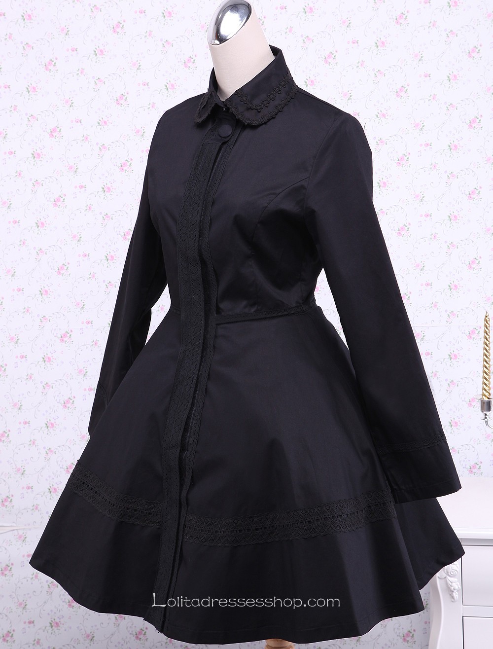 Traditional Black Cotton Long Sleeves Gothic Lolita Dress