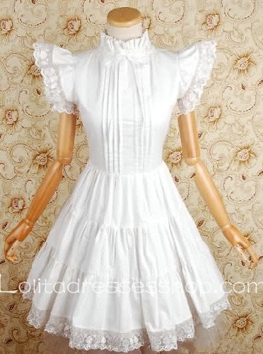 White Cotton Stand Collar Feifei Sleeves Lace Trim Gothic Lolita Dress