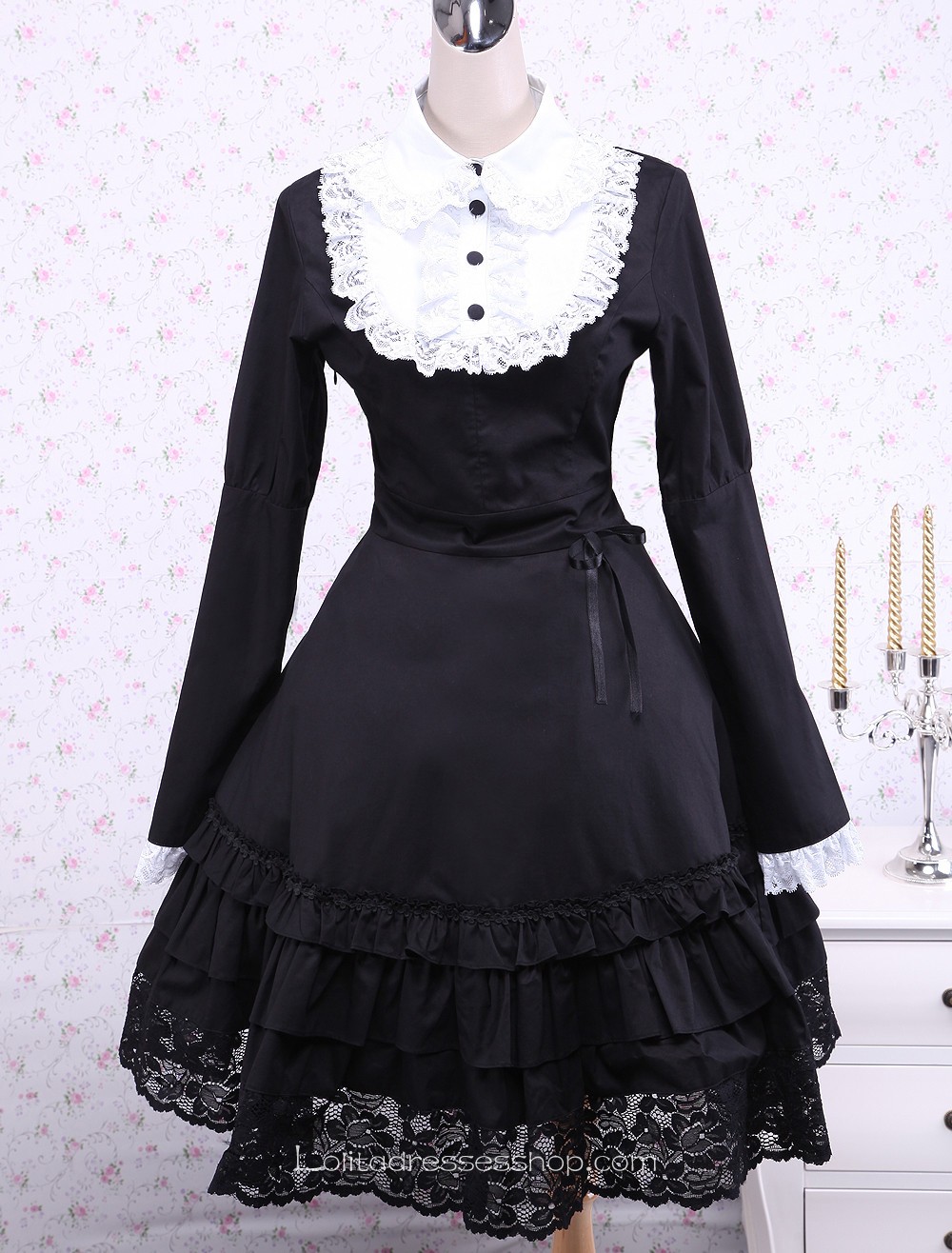 Black Cotton Lace Trim Long Sleeves Bow Gothic Lolita Dress