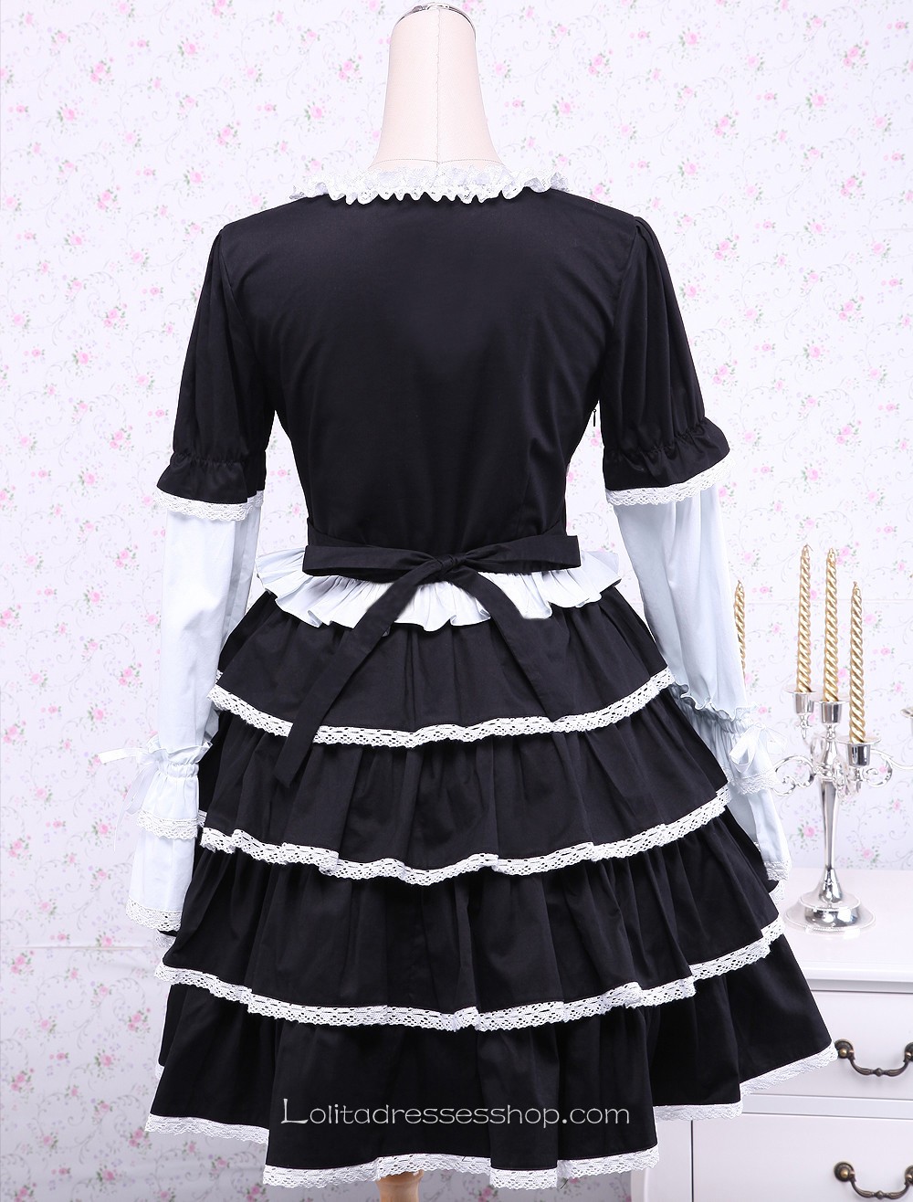 Black Cotton White Lace Trim Knee-length Gothic Lolita Dress