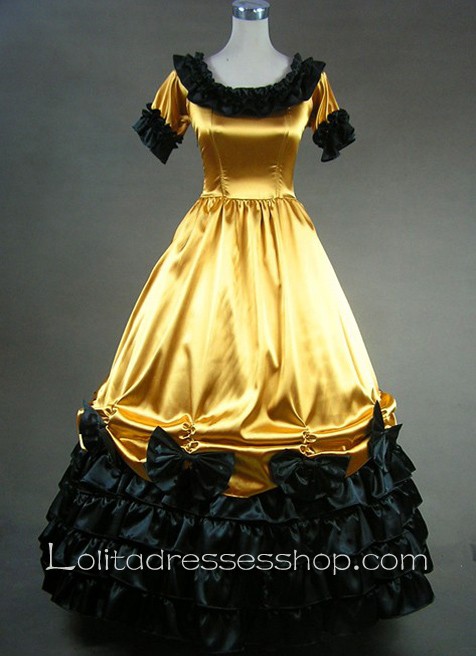 Gorgeous Black-Bows Ruffle Golden Gothic Victorian Lolita Dress