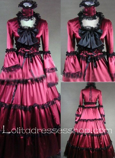 Gothic Victorian Black Bow and Lace Decoration Red Aristocratic Lolita Dress