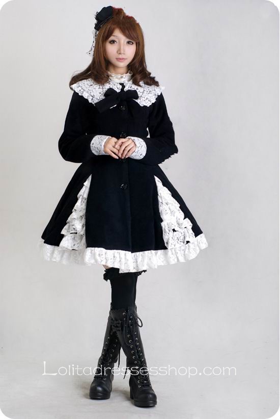 Black Wool Blended Woolen Doll Collar White Lace Trim Button Bow Lolita Coat