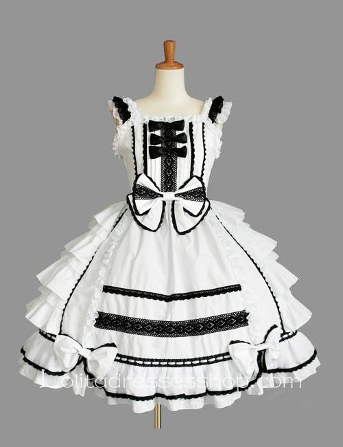 Lolita White Cotton Black Lace Square Neck Cap Sleeve knee-length Ruffles Bow Sweet Dress