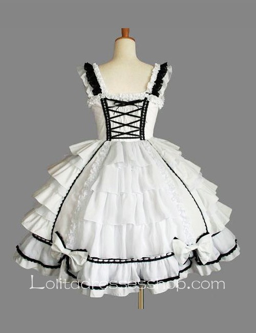Lolita White Cotton Black Lace Square Neck Cap Sleeve knee-length Ruffles Bow Sweet Dress