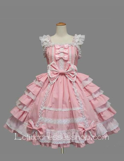 Lolita Pink Cotton White Lace Square Neck Cap Sleeve knee-length Ruffles Bow Sweet Dress