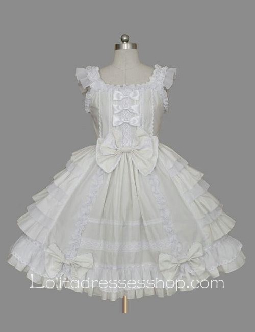Lolita White Cotton Square Neck Cap Sleeve knee-length Ruffles Bow Sweet Dress