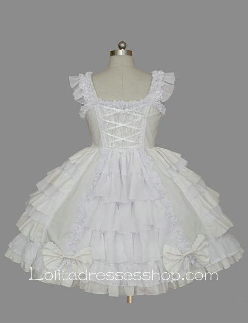 Lolita White Cotton Square Neck Cap Sleeve knee-length Ruffles Bow Sweet Dress