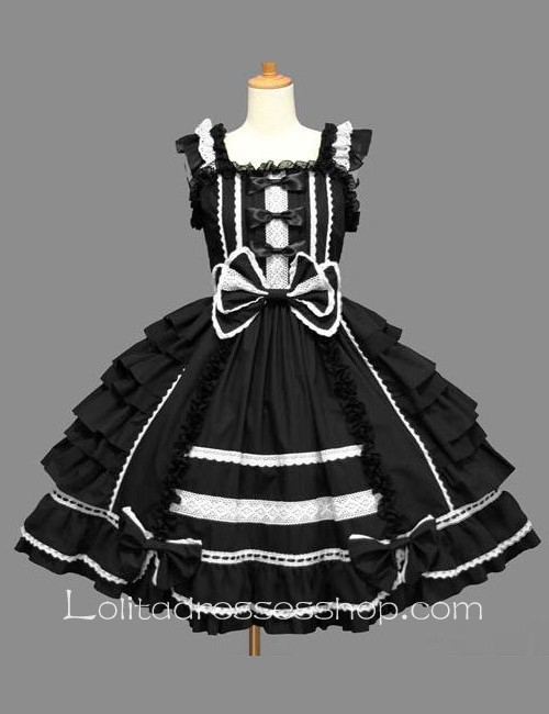 Lolita Black Cotton White Lace Square Neck Cap Sleeve knee-length Ruffles Bow Sweet Dress