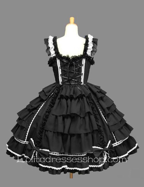 Lolita Black Cotton White Lace Square Neck Cap Sleeve knee-length Ruffles Bow Sweet Dress
