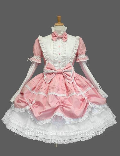 Lolita Pink White Cotton Stand Collar Long Sleeves Knee-length Bow Splicing Dress