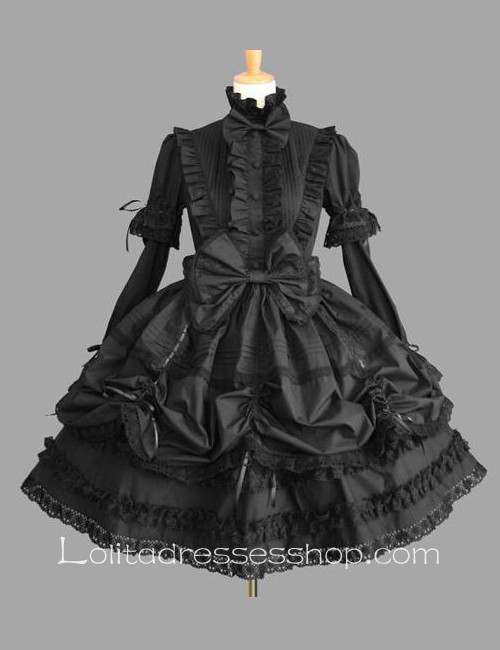 Lolita Plain Black Cotton Stand Collar Long Sleeves Knee-length Bow Splicing Dress