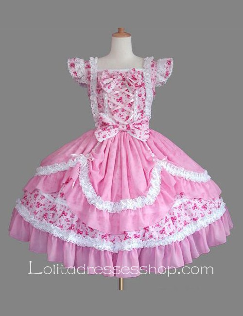 Lolita Pink Floral Cotton Square Neck Ruffles Bow Sweet Princess Dress