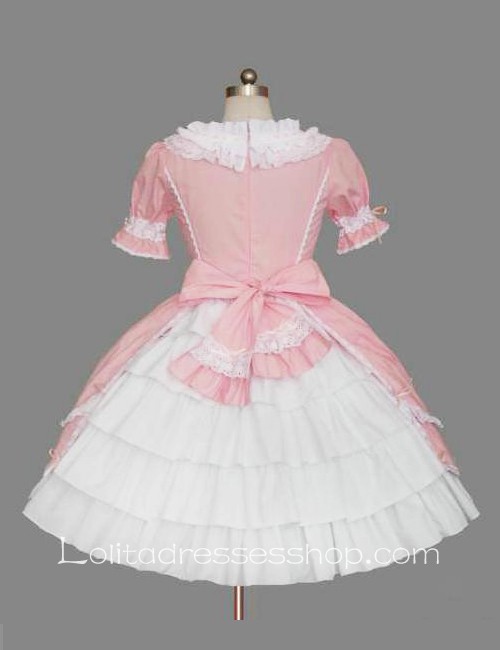 Lolita Pink Cotton White Lace Doll Collar Ruffles Bow Short Sleeves Sweet Princess Dress