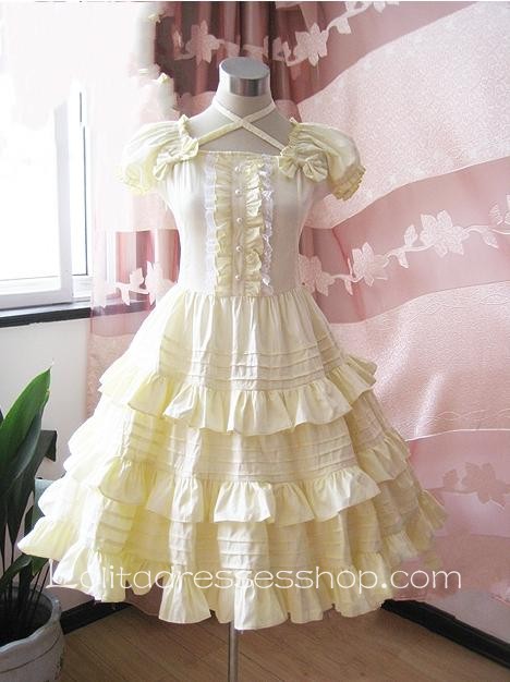 Lolita Light Yellow Cotton Square Neck Short Sleeves Bow Multilayer Sweet Dress