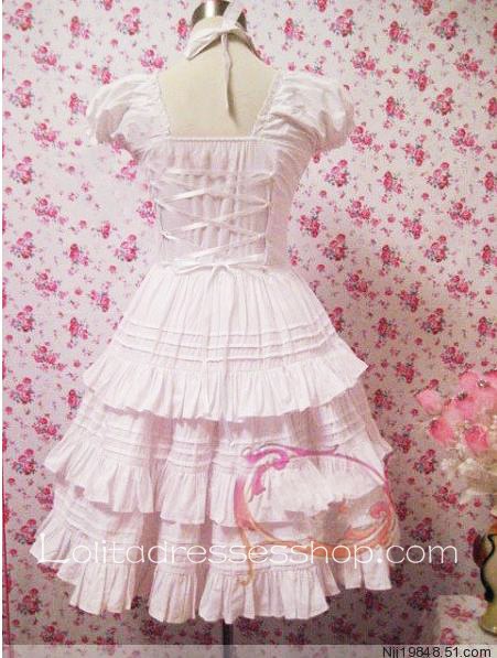 Lolita Pink Cotton Square Neck Short Sleeves Bow Multilayer Sweet Dress