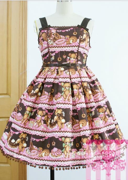 Lolita Coffee Cotton Square Neck Bow Floral Sweet Dress