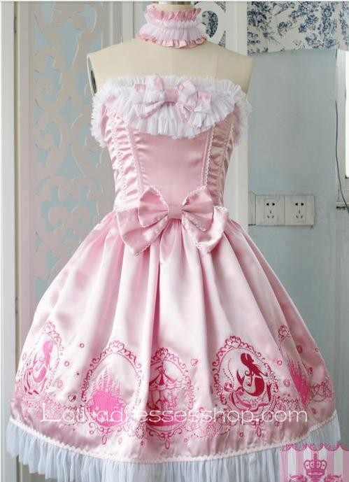 Lolita Grade Fabrics Pink Thick Satin Taffeta Tube Top Ruffles Bow Sweet Dress