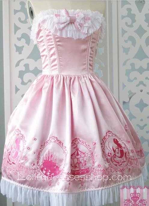 Lolita Grade Fabrics Pink Thick Satin Taffeta Tube Top Ruffles Bow Sweet Dress