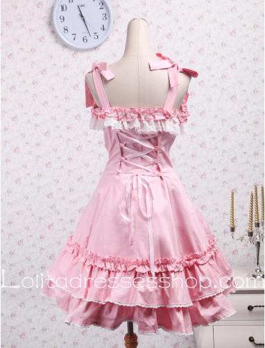 Lolita Pink Cotton White Lace Pleated Bow Sweet Dress